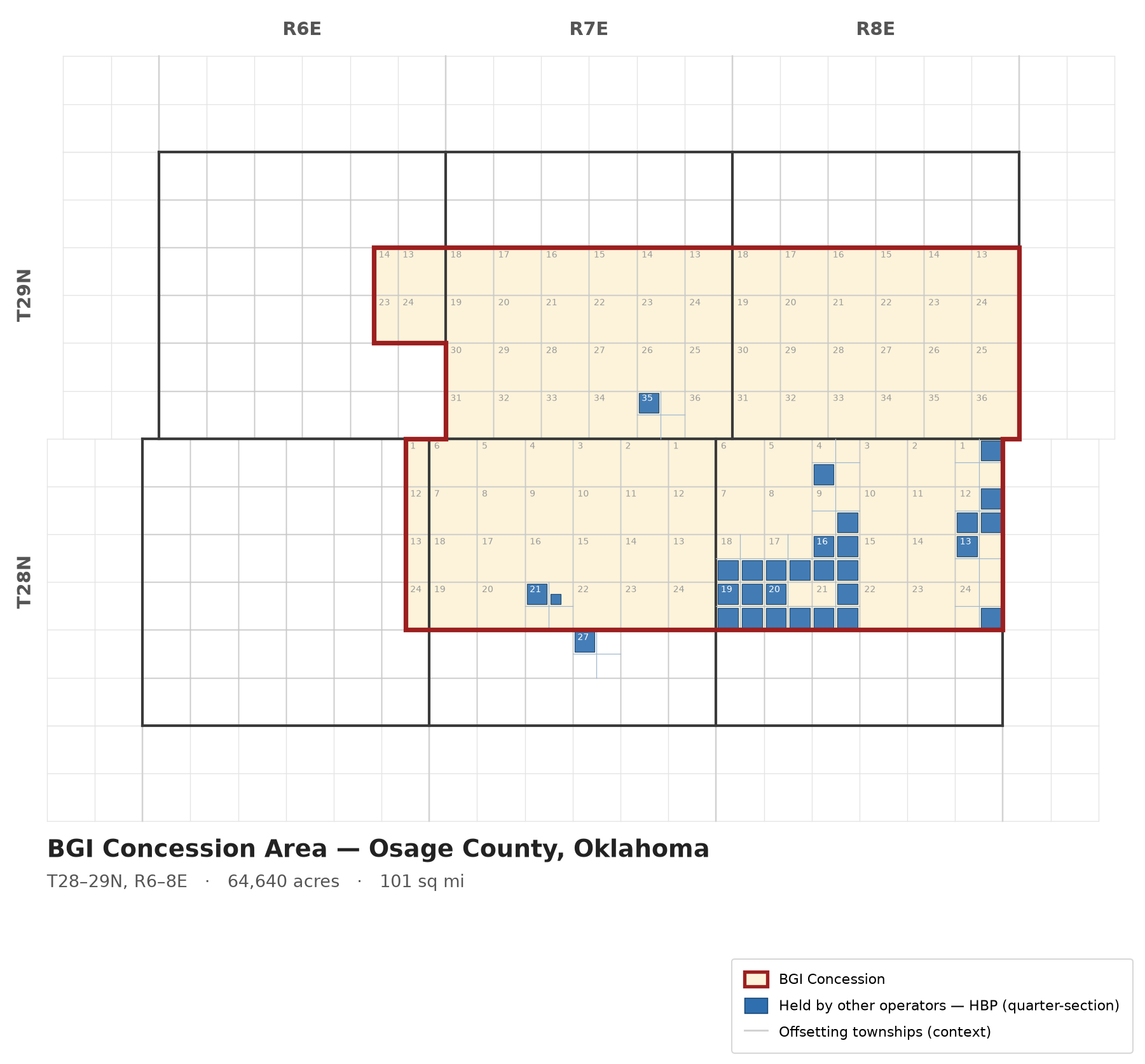 Redrawn BGI concession map in Osage County, Oklahoma, showing townships T28–29N, ranges R6–8E, the concession boundary, and tracts held by other operators