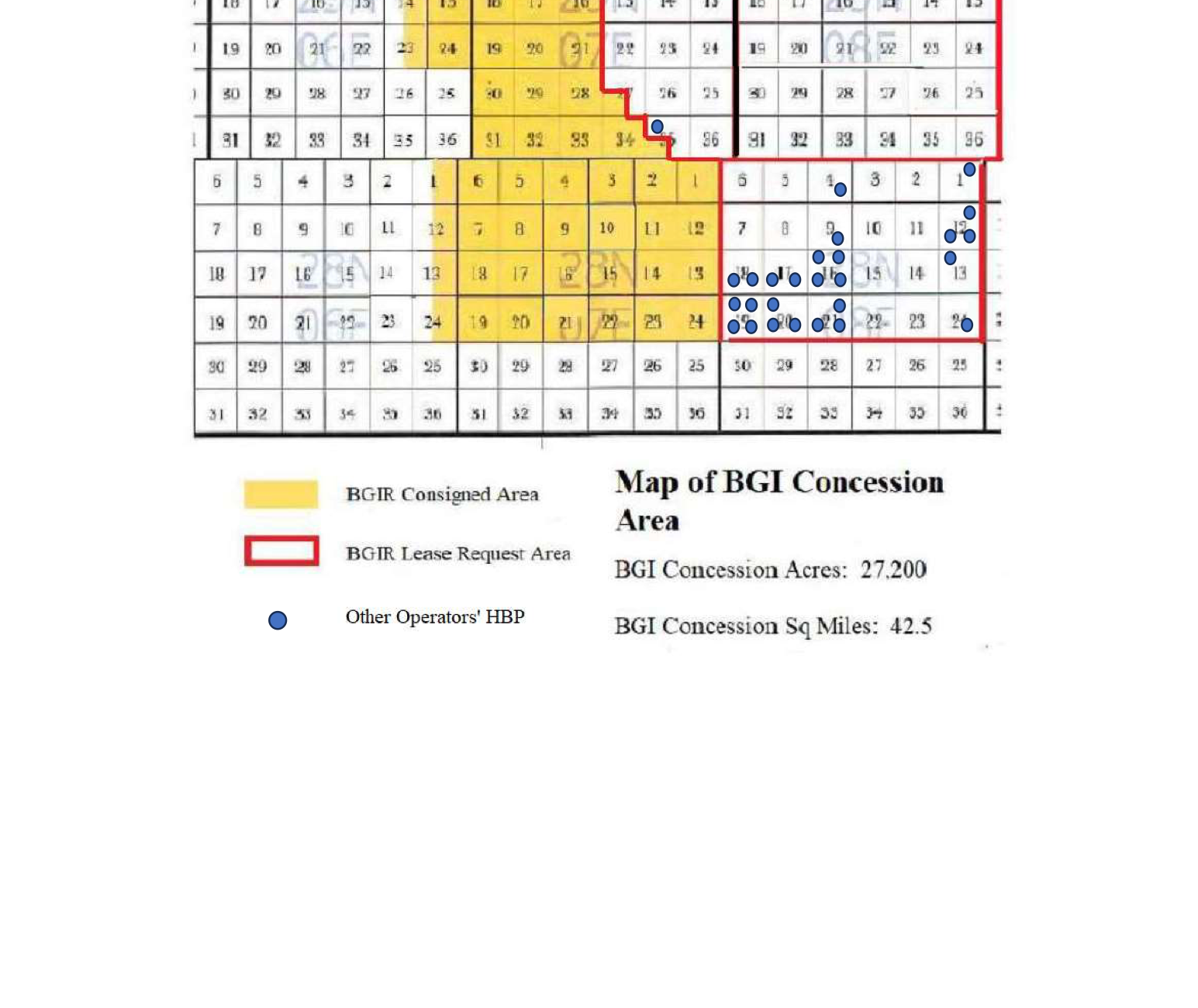 Map of BGI concession areas in Osage County showing consigned area, lease request area, and other operators